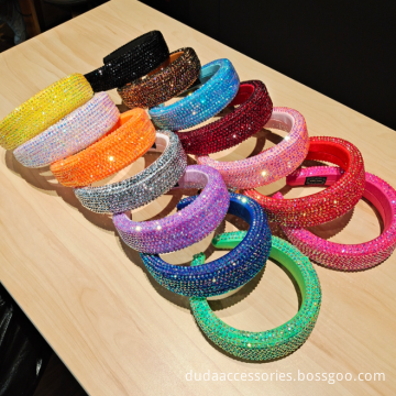 2022 wholesale Fashion Designer Glitter Multi Colored Full Rhinestone Resin Sponge Headband Wide for girls Women